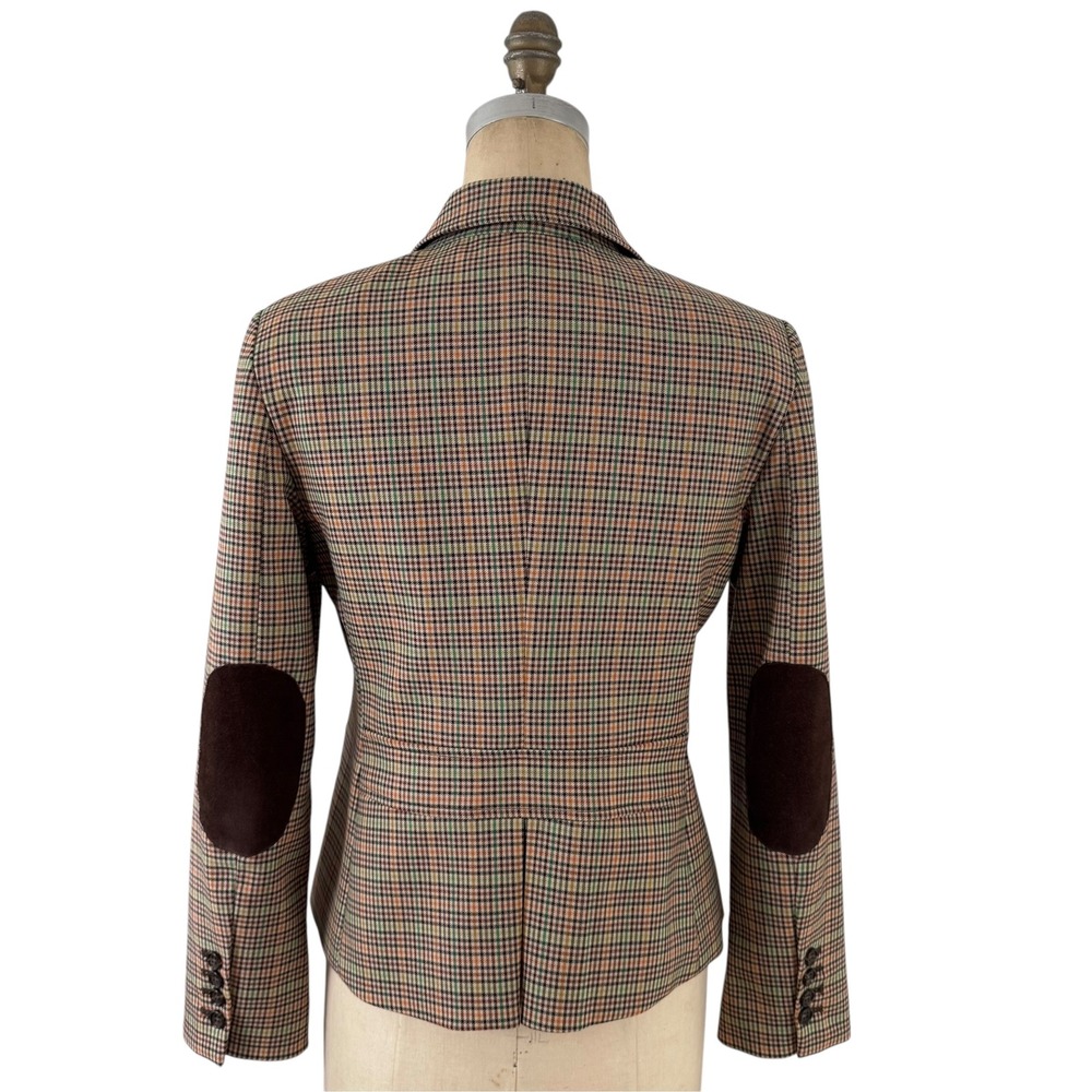 Talbots Plaid Elbow Patch Blazer Sz 8P Tan Equestrian Preppy Classic Fall Autumn